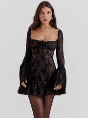 Mini Dress Women Elegant Backless Long Flare Sleeve Print Square Collar A-Line Pleated Club Party Dress
