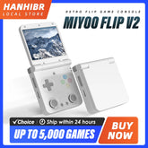 Retro flip game console MIYOO FLIP V2 with promotional text on a white background