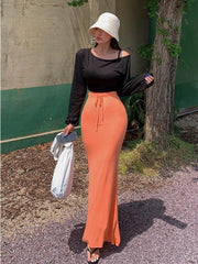 Orange Fishtail Maxi Skirt Women Elegant Ruffle Long Casual Party Fashion Skirt