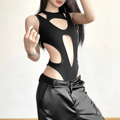 Bodysuit Women Gothic Hollow Out Y2K Patchwork Grunge Backless High Cut Slim Casual Streetwear Top