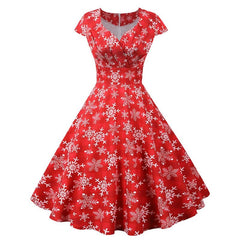 High Waist Print Midi Dress Women Casual Elegant Retro V-Neck Short Sleeve Holiday Fashion
