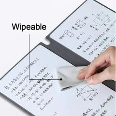 Wipeable surface with diagrams and text, showing a hand using a cloth to wipe it.
