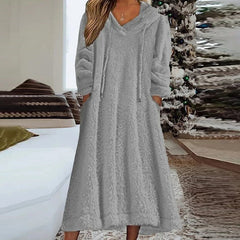 Warm Hooded Sweatshirt Loose Dress for Women Fleece Long Sleeve Pullover A-Line Dress