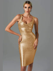 Midi Dress Women Metallic Sleeveless Backless Gold Silver Bodycon Bandage Elegant Evening Wedding Party