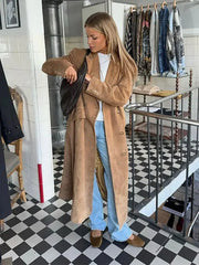 Faux Suede Trench Coat Women Long Button Front Vintage Casual Elegant Fall Winter Overcoat Belted
