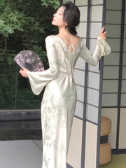 Long Sleeve Maxi Dress Women Elegant French Print Lace-Up Slash Neck Evening Party Fashion Dress