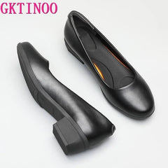 Work Pumps Women Black Leather Round Toe Thick Heel Soft Sole Professional Non-Slip Office Shoes