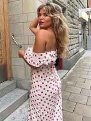 Maxi Dress Women Polka Dot Ruffle Bandage Off-Shoulder Slim Elegant Party Holiday Sundress Summer