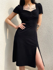 Midi Dress Women Chic Ruched Black Square Neck Side Split Short Sleeve Vintage Gothic Summer Party