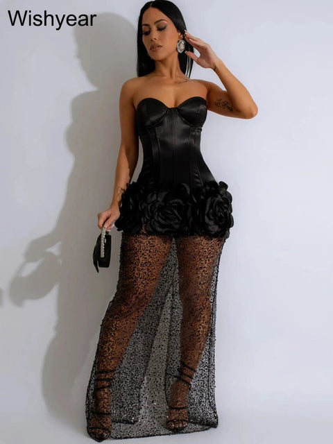 Maxi Dress Women Strapless Mesh 3D Flower Sequin Off Shoulder Rear Split Luxury Party Club Long Dress
