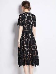 Midi Dress Women High-End Embroidered Lace Hollow Out O-Neck Short Sleeve Elegant Long Party Dress