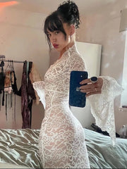 Maxi Dress Women Elegant Lace Sheer V-Neck Long Sleeve Hollow Out Slim Chic Summer Party Dress