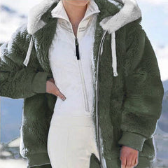 Plush Hooded Jacket Women Loose Zipper Warm Cozy Winter Casual Outerwear Fashion