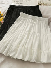 Mini Skirt Women High Waist Slim Pleated A-Line Casual Short Black White Fashion Everyday Skirt