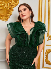 Plus Size Sequin Maxi Dress Women V-Neck Tiered Sleeve Slit Elegant Wedding Party Prom Fashion