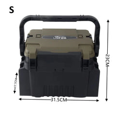 Black and green storage box with dimensions labeled on a white background