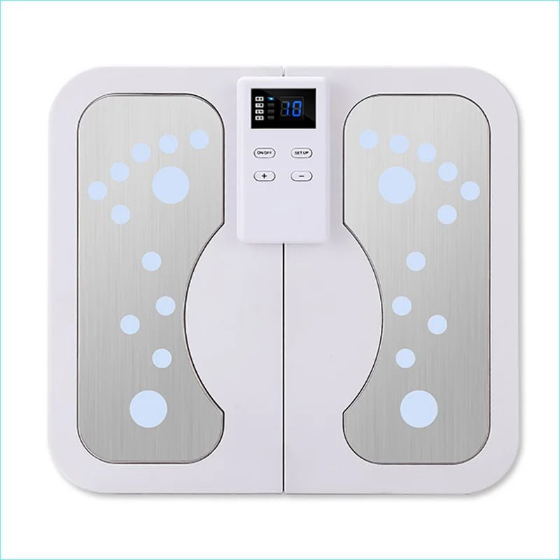 White electronic foot massager with digital display on a light blue background