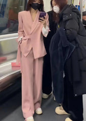 Pant Suit Women 2-Piece Elegant Blazer Wide Leg Trousers Pockets Spring Autumn Office Wear