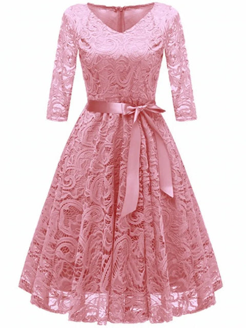 Midi Dress Women Vintage Hollow Out Floral Lace 3/4 Sleeve V-Neck Princess Wedding Party Prom Cocktail