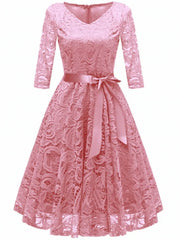 Midi Dress Women Vintage Hollow Out Floral Lace 3/4 Sleeve V-Neck Princess Wedding Party Prom Cocktail