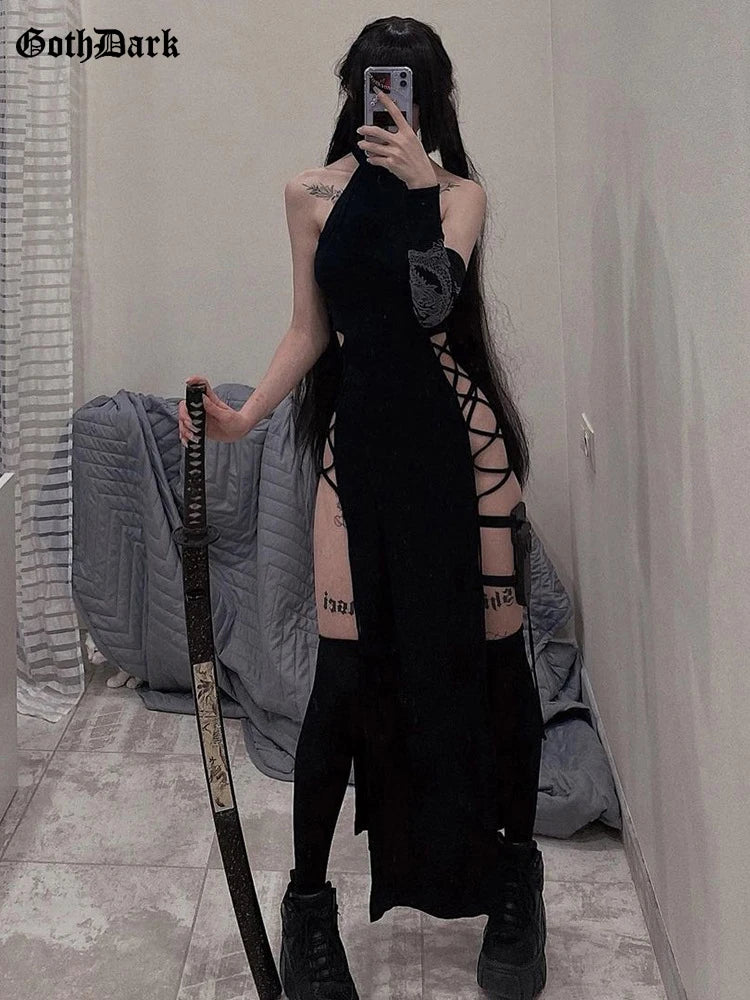 Gothic Lace-Up Halter Dress Black