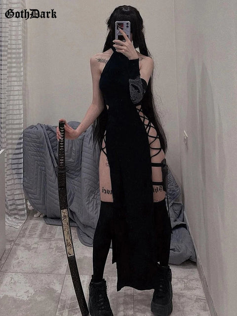 Gothic Lace-Up Halter Dress Black