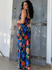 Maxi Dress Women Elegant V-Neck Slip Floral Print Satin Backless Lace Bodycon Beach Party Summer