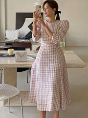 Midi Dress Women Chic French Tweed Pink Plaid Long Boutique Fashion Elegant Spring Summer Dress