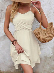 Spaghetti Strap Ruffle Mini Dress Women Wrapped V-Neck Green Cream Casual Summer Fashion