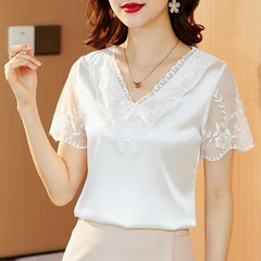 Short Sleeve Satin Lace Shirt Blouse Embroidered Stitch Elegant Tops for Women