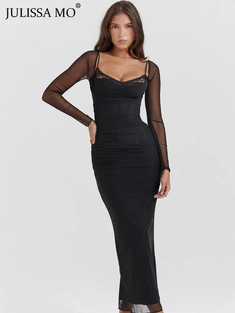 Maxi Dress Women Long Sleeve Patchwork Lace Double Layer Mesh Elegant Party Clubwear Spring Autumn