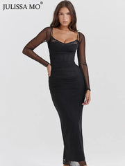 Maxi Dress Women Long Sleeve Patchwork Lace Double Layer Mesh Elegant Party Clubwear Spring Autumn