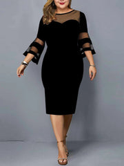 Midi Dress Women Plus Size Mesh Patchwork Solid Elegant Evening Wedding Office Party Fashion Dress