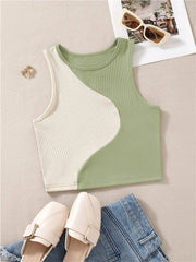 Y2K Patchwork Bodycon Tank Top Women Baby Tee Cute Preppy Crewneck Streetwear Casual Fashion