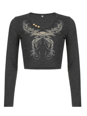 Y2K Retro Print Crop Top Women Long Sleeve V-Neck Grunge Fairycore Streetwear Casual Fashion