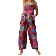 Square Neck Ethnic Print Jumpsuit Women Multicolor Sleeveless Casual Romper Summer Beach Vacation