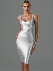 Midi Dress Women Metallic Sleeveless Backless Gold Silver Bodycon Bandage Elegant Evening Wedding Party