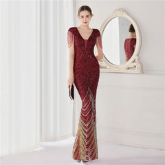 Green Sequin Beaded Mermaid Evening Dress Women V-Neck Cap Sleeve Elegant Prom Wedding Guest