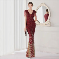 Green Sequin Beaded Mermaid Evening Dress Women V-Neck Cap Sleeve Elegant Prom Wedding Guest