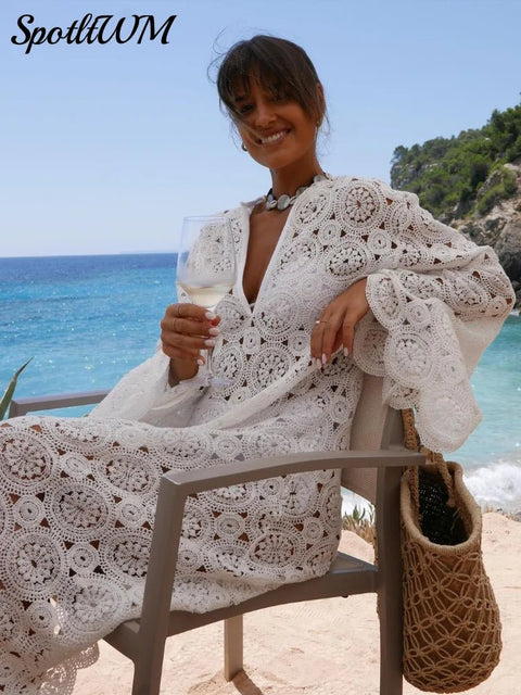 Crochet Midi Dress Women V-Neck Hollowed Out Flare Sleeve Loose Sheer Party Beach Vacation Dress