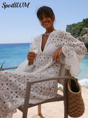 Crochet Midi Dress Women V-Neck Hollowed Out Flare Sleeve Loose Sheer Party Beach Vacation Dress
