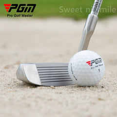 Golf club Putter and ball with PGM branding on a sand surface