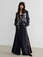 Long Coat Women Navy Irregular Slit V-Neck Long Sleeve Loose Fit Elegant Winter Outerwear Fashion