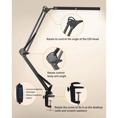 Adjustable LED lamp with arm and clamp, featuring control mechanisms on a beige background.