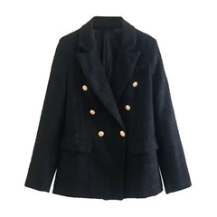 Double Breasted Blazer Women Button-Up Casual Coat Chic Elegant Office Fashion Jacket
