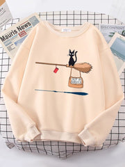 Cat Graphic Sweatshirt Women Cute Halloween Crewneck Fleece Warm Loose Casual Autumn Fashion