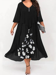 Plus Size Midi Dress Women V-Neck Floral Print Patchwork Faux 2-Piece Prom Wedding Evening Fashion