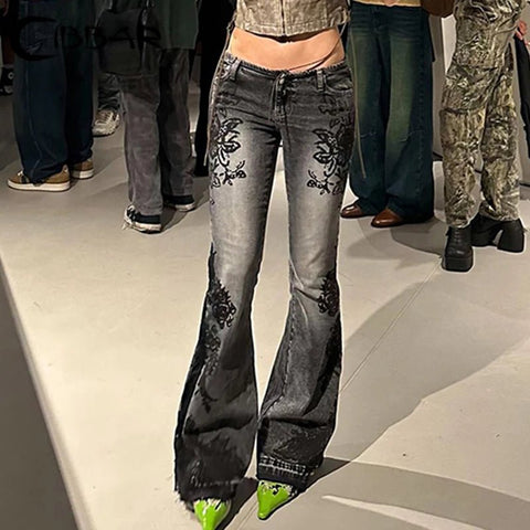 Flare Jeans Women Y2K Distressed Floral Print Low Rise Slim Retro Streetwear Denim Trousers