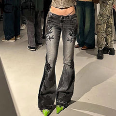 Flare Jeans Women Y2K Distressed Floral Print Low Rise Slim Retro Streetwear Denim Trousers
