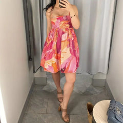 Mini Dress Women Flower Print Slash Collar Ruched Chest Sling Backless Boho Casual Summer Dress